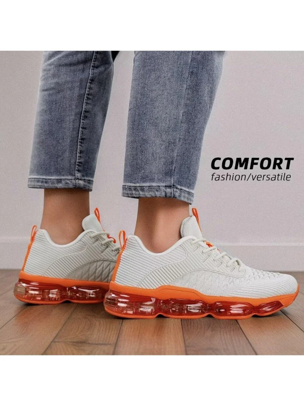 Women's Grey Orange Walking Air Cushion Breathable Mesh Athletic Sneaker Shoes